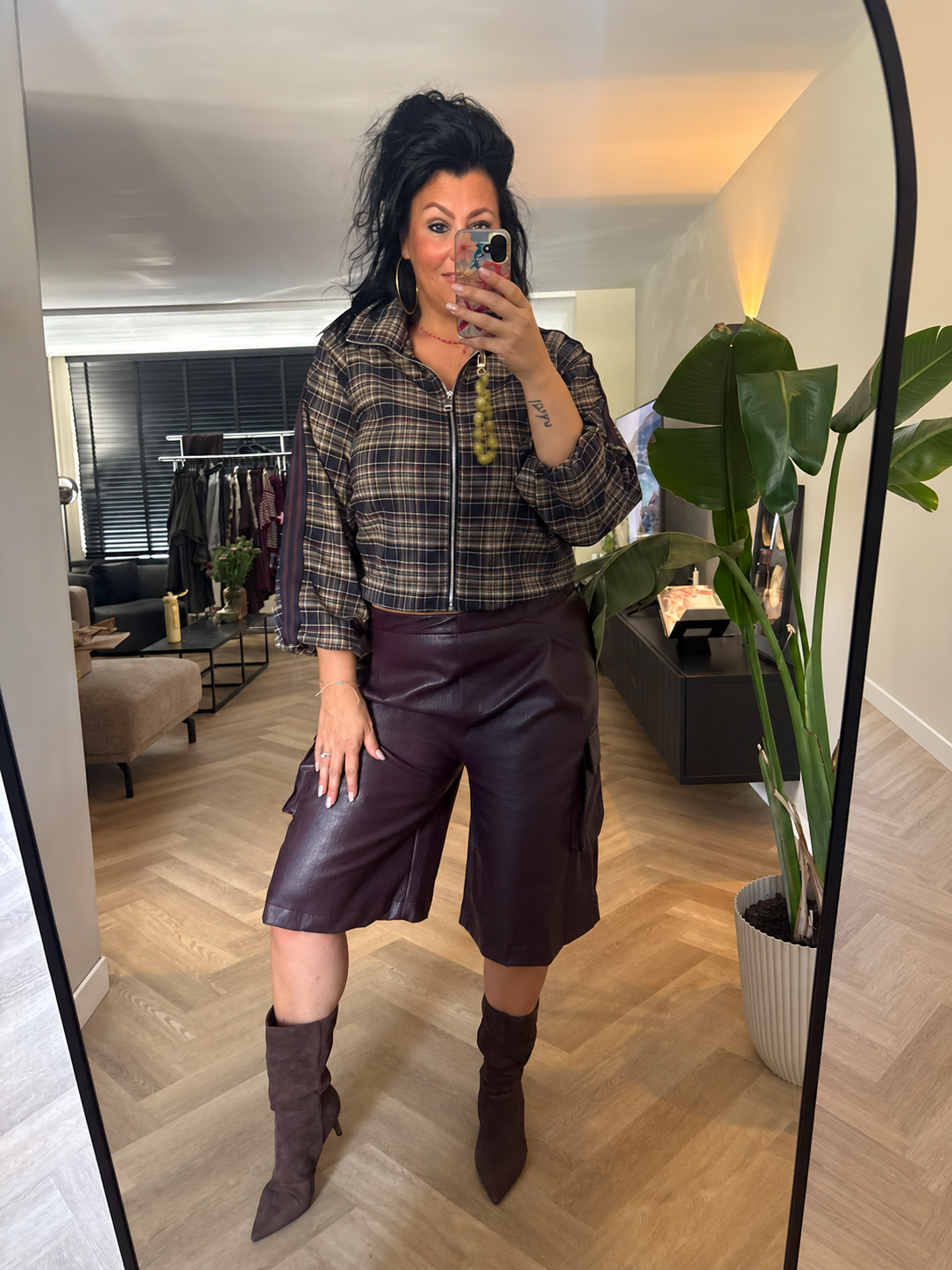 Geruit kort jasje aubergine/navy