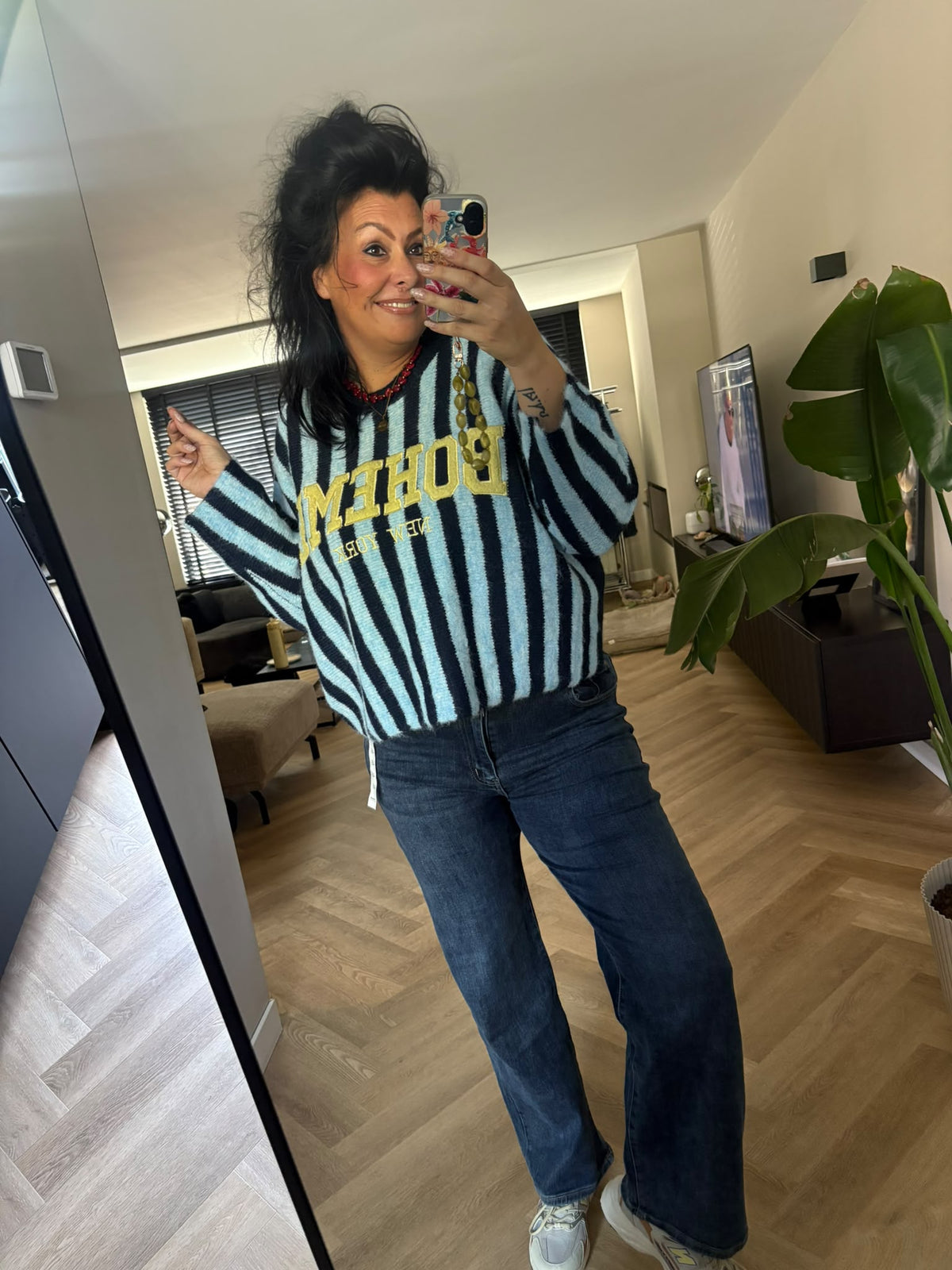 Blauw donkerblauw gestreepte trui met New York tekst