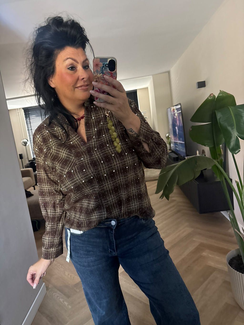 Geruite blouse bruin groen met strass steentjes