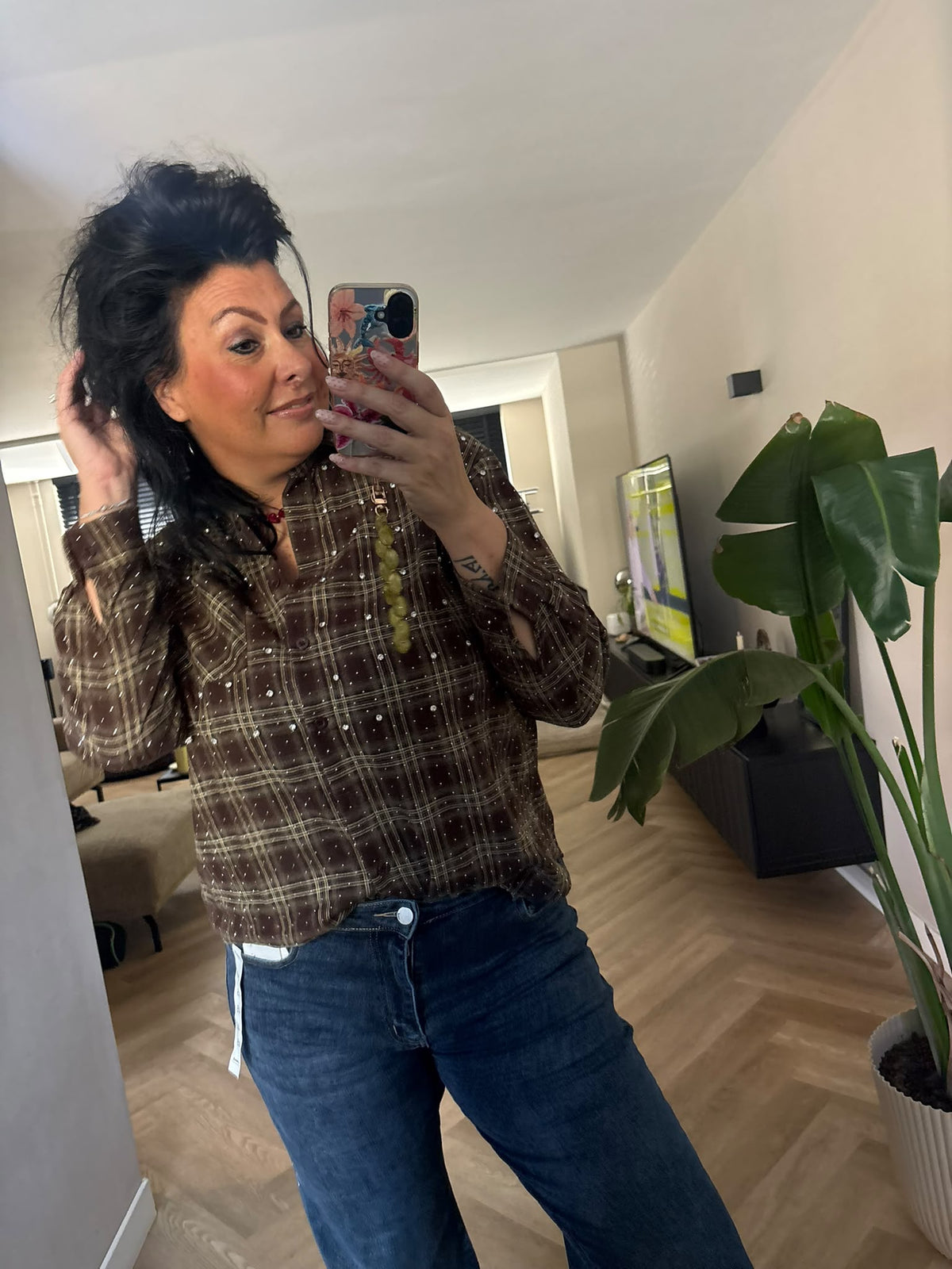 Geruite blouse bruin groen met strass steentjes