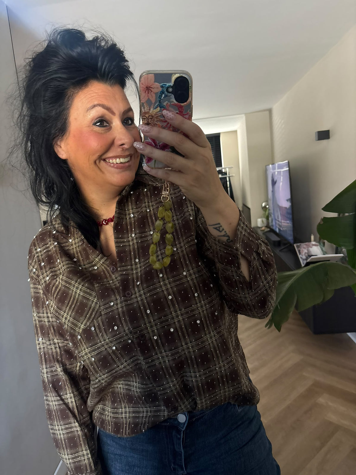 Geruite blouse bruin groen met strass steentjes