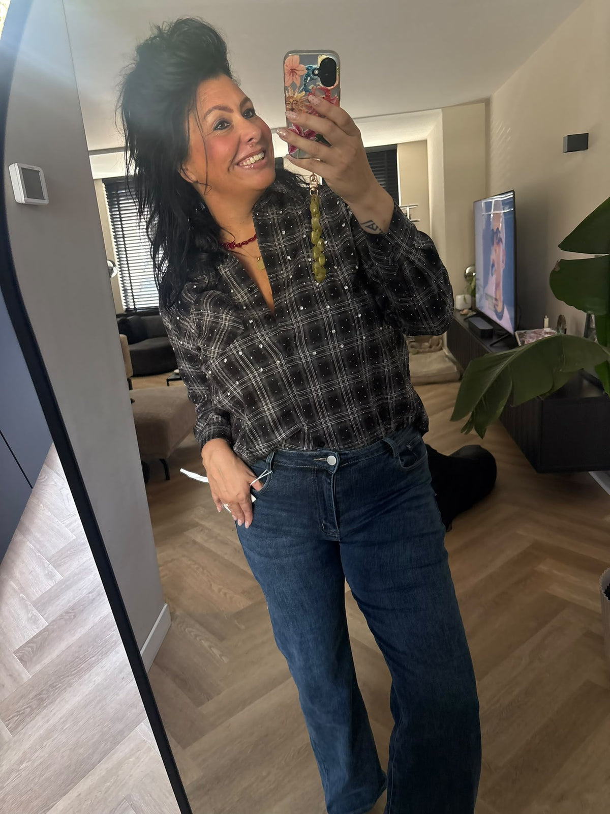 Geruite blouse zwart grijs met strass steentjes